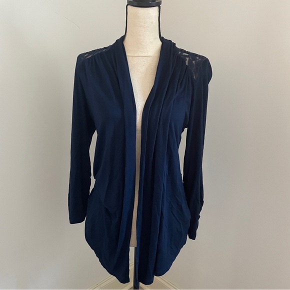 Floral Lace Open Front Cardigan size Medium Dark Blue Whimsy Goth Office Jacket - Picture 1 of 10